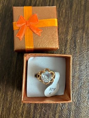 Goldtone Floral Clear Stone Solitaire Ring